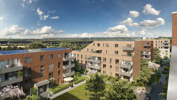 Über den Dächern von Baumberg. Ein Balkonblick auf das künftige Sophie-Scholl-Quartier. Visualisierung: Architektur- und Ingenieurbüro Konrath und Wennemar