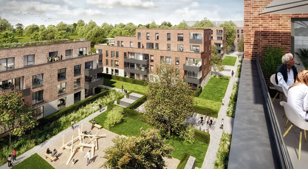 Über den Dächern von Baumberg. Ein Balkonblick auf das künftige Sophie-Scholl-Quartier. Visualisierung: Architektur- und Ingenieurbüro Konrath und Wennemar