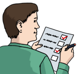 Leichte Sprache Bild: Ein mann hakt Punkte auf einer Liste ab