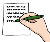 Leichte Sprache Bild: Jemand schreibt etwas mit einem Stift auf ein Blatt Papier